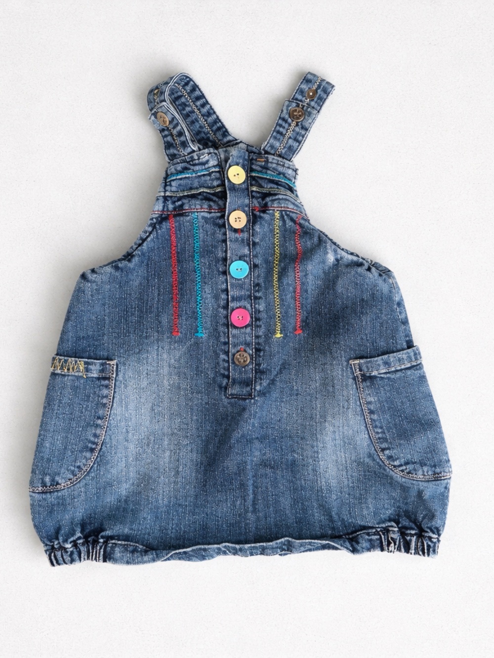 Y2K Cear Rosalie 3T Blue Denim Overalls Dress with Multicolor Buttons